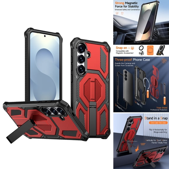 for Samsung Galaxy S24 Case with Kickstand, Magnetic Car Mount Support, Triple-Layers Rugged Drop Protection Case, Heavy Duty Shockproof Cover with Bracket for Samsung Galaxy S24, Red