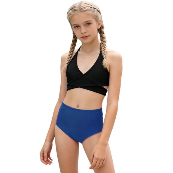 Hellosay Two Piece Swimsuits for Girls Strecthy Ruched Bikini Summer Bathing Suit Holiday Swimwear Size 104-164 Blue