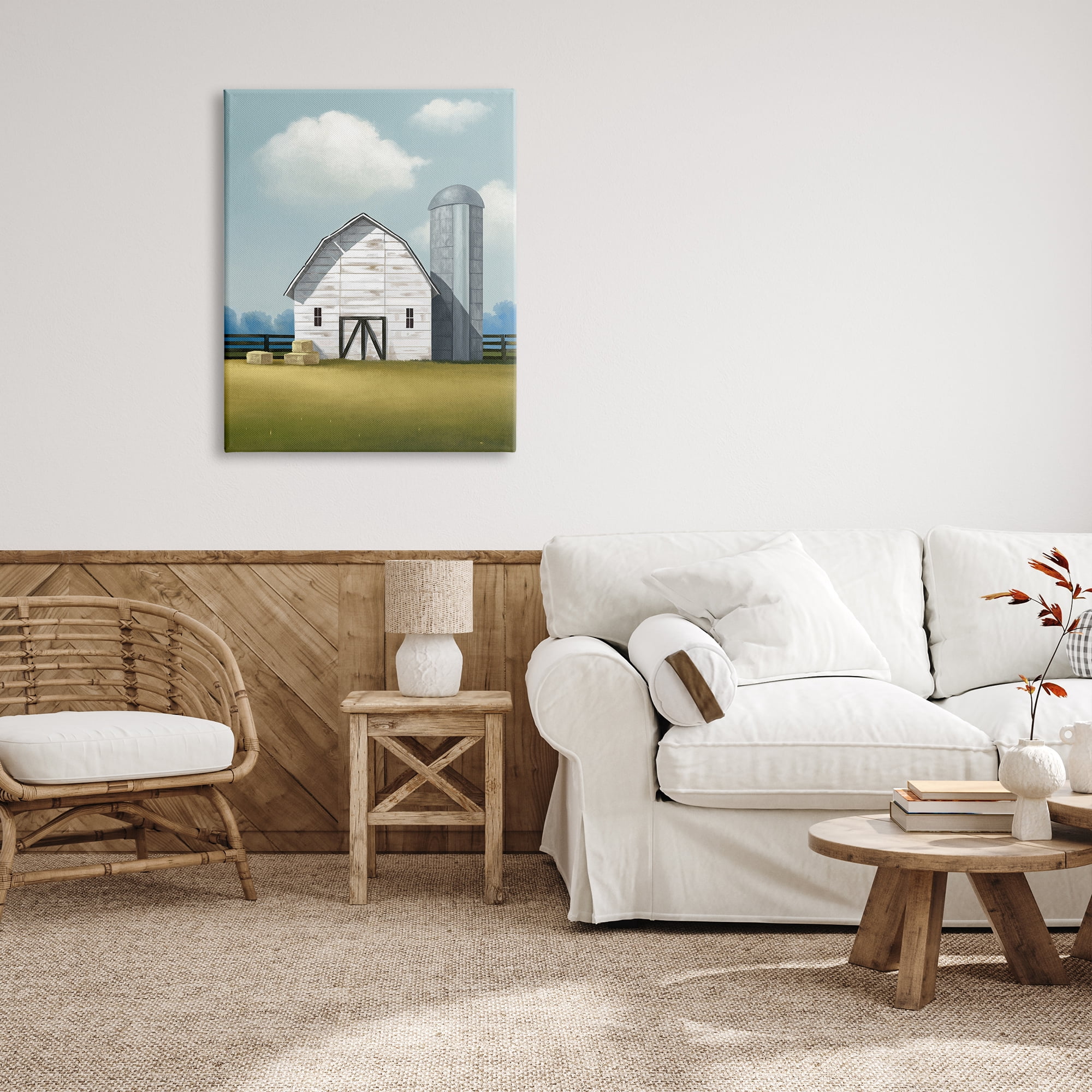 Stupell Industries White Barn with Hay Stacks Landscape Painting Gallery Wrapped Canvas Art Print Wall Art, 30 x 40