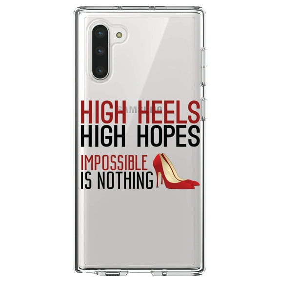 DistinctInk Clear Shockproof Hybrid Case for Samsung Galaxy Note 10 (6.3" Screen) - TPU Bumper Acrylic Back Tempered Glass Screen Protector - High Heels High Hopes Impossible Is Nothing