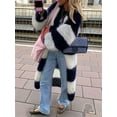 thumbnail image 4 of Females Color Block Striped Cardigan Sweaters Loose Knitted Long Open Front Cardigan Navy Blue L, 4 of 6