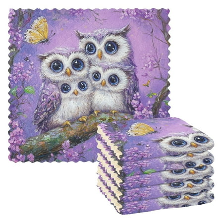 

6 Pieces Thickened Double Polyester Fleece Kitchen Towel - 28x28cm Strongly Absorb Water & Oil Stain Removal，A Cute Owl Family
