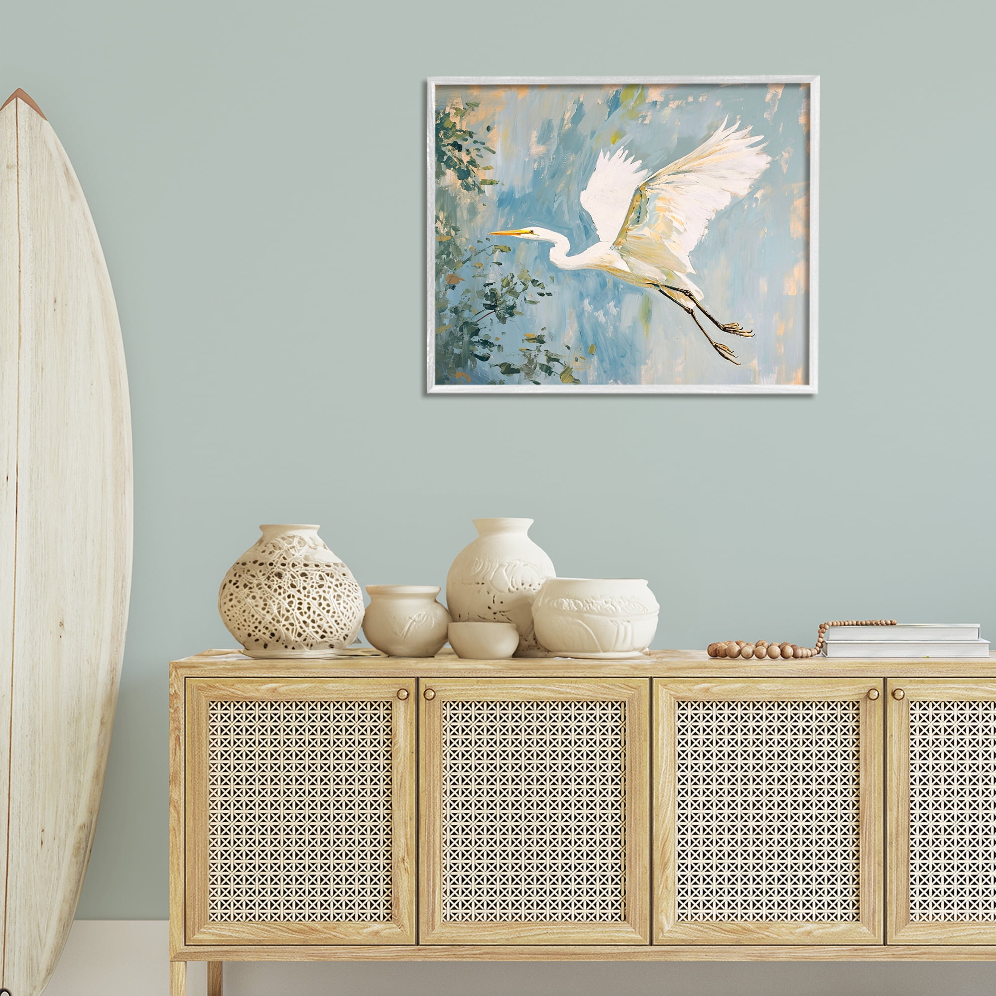 Stupell Industries White Heron in Flight Animals & Insects Painting White Framed Art Print Wall Art, 30 x 24