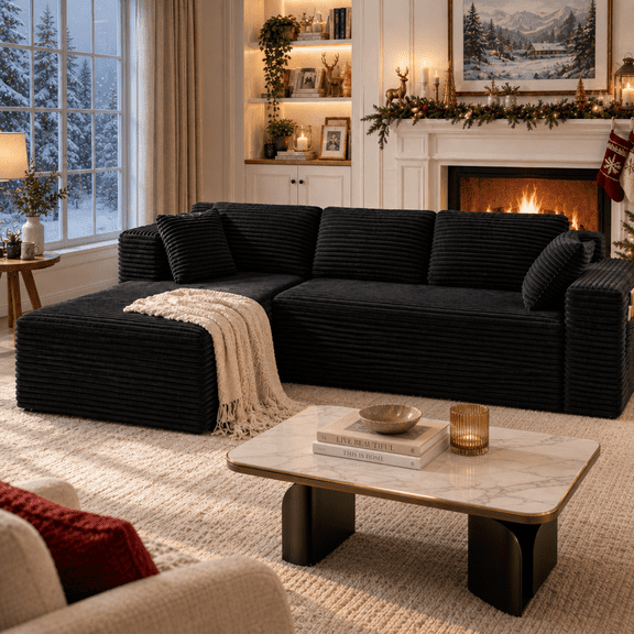 Boneless Couch for Living Room, Lofka 105" Sectional Sofa L-Shaped, Deep Seat Corduroy Cloud Couch with Left Facing Chaise, Black, No Assembly
