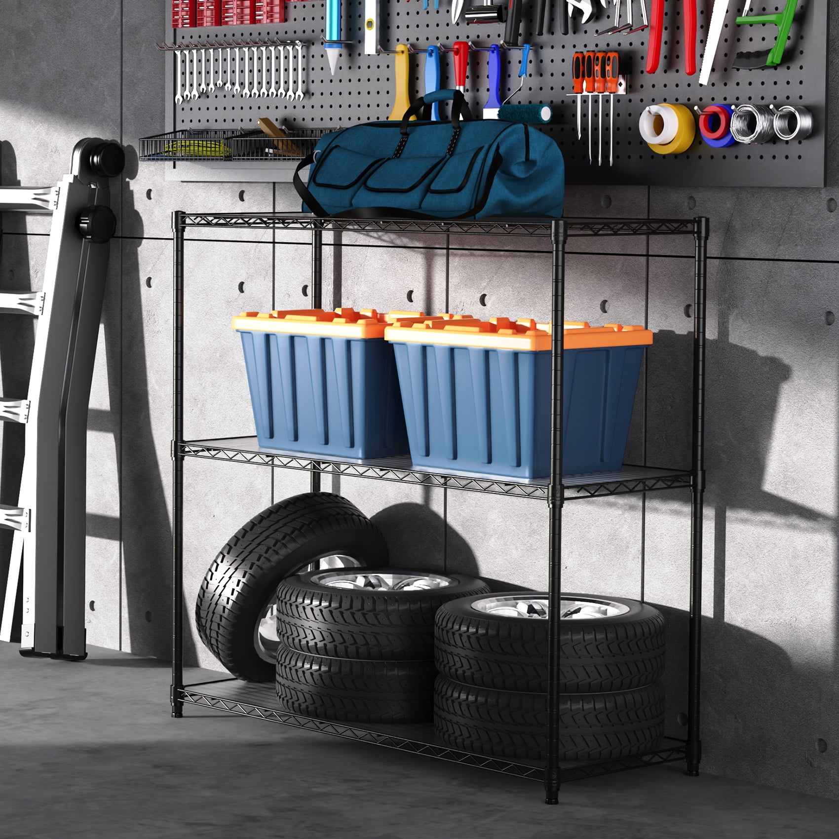 Miniyam 3 Tier Wire Shelving Unit, 1050 LBS NSF Adjustable Metal Garage Storage Shelves, Heavy Duty Storage Wire Rack, Black