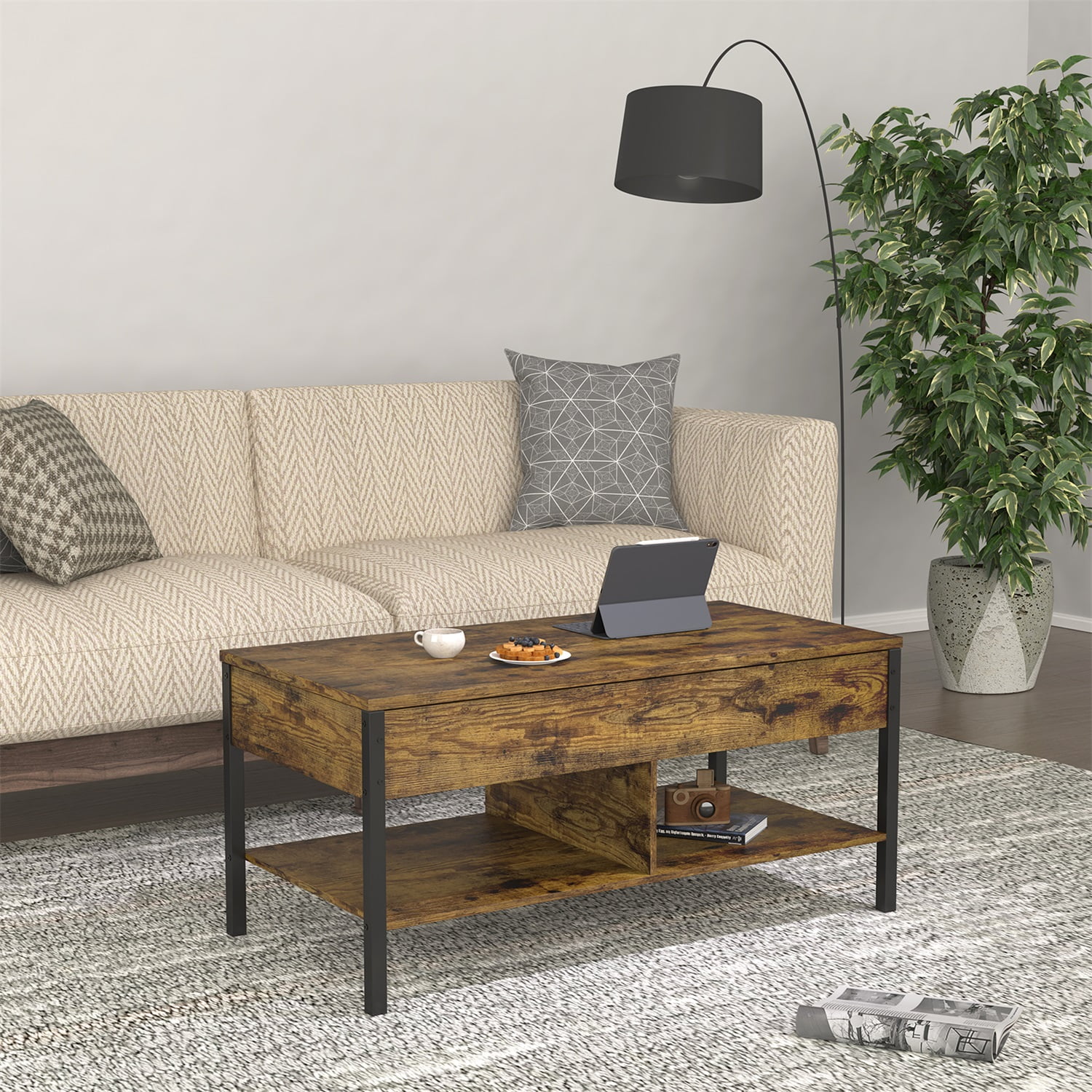 Veryke Lift Top Coffee Table with Storage, Raisable Top Central Table with Hidden Compartment Tabletop and Metal Frame - Brown