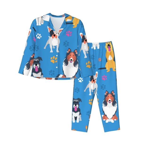 Balery Cute Dogs Conjunto de Pijama con Estampado para Mujer, Conjunto de Dos Piezas con Manga Larga, Ropa de Dormir Suave con Bolsillos, Pijamas Cómodos-Large