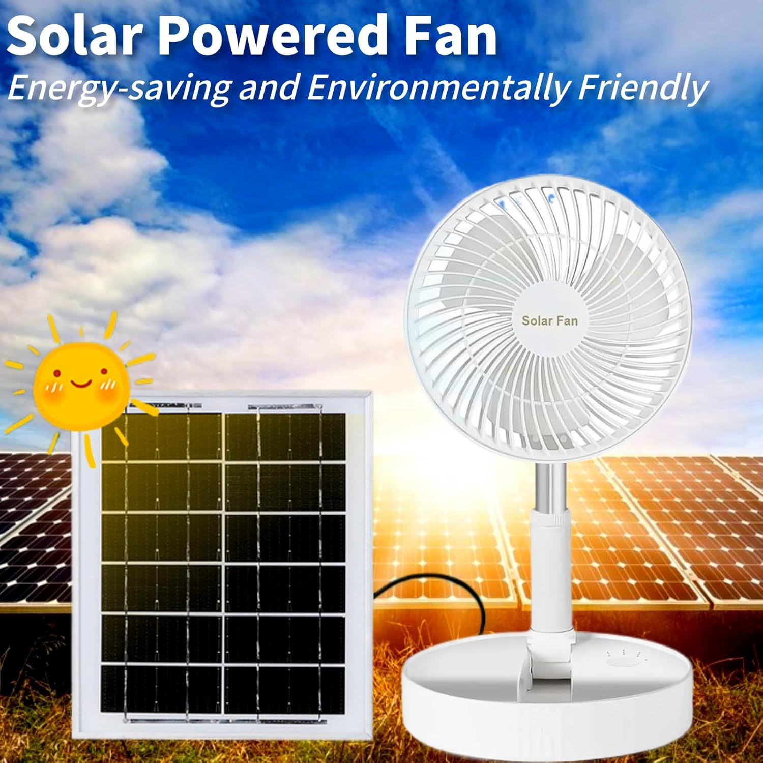 Solar Powered Outdoor Fan, Rechargeable Foldable Desk Fan with Solar Panel Battery Operated Pedestal 3 Speeds Quiet Height Adjustable Floor Fan for Home, Bedroom, Travel