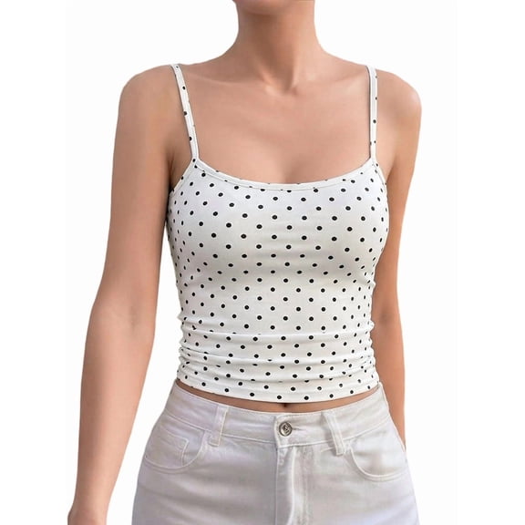 Women'S Cute Cropped Tank Tops Summer Polka Dots Y2K Going Out Basic Sleeveless Camisole Shirts White M