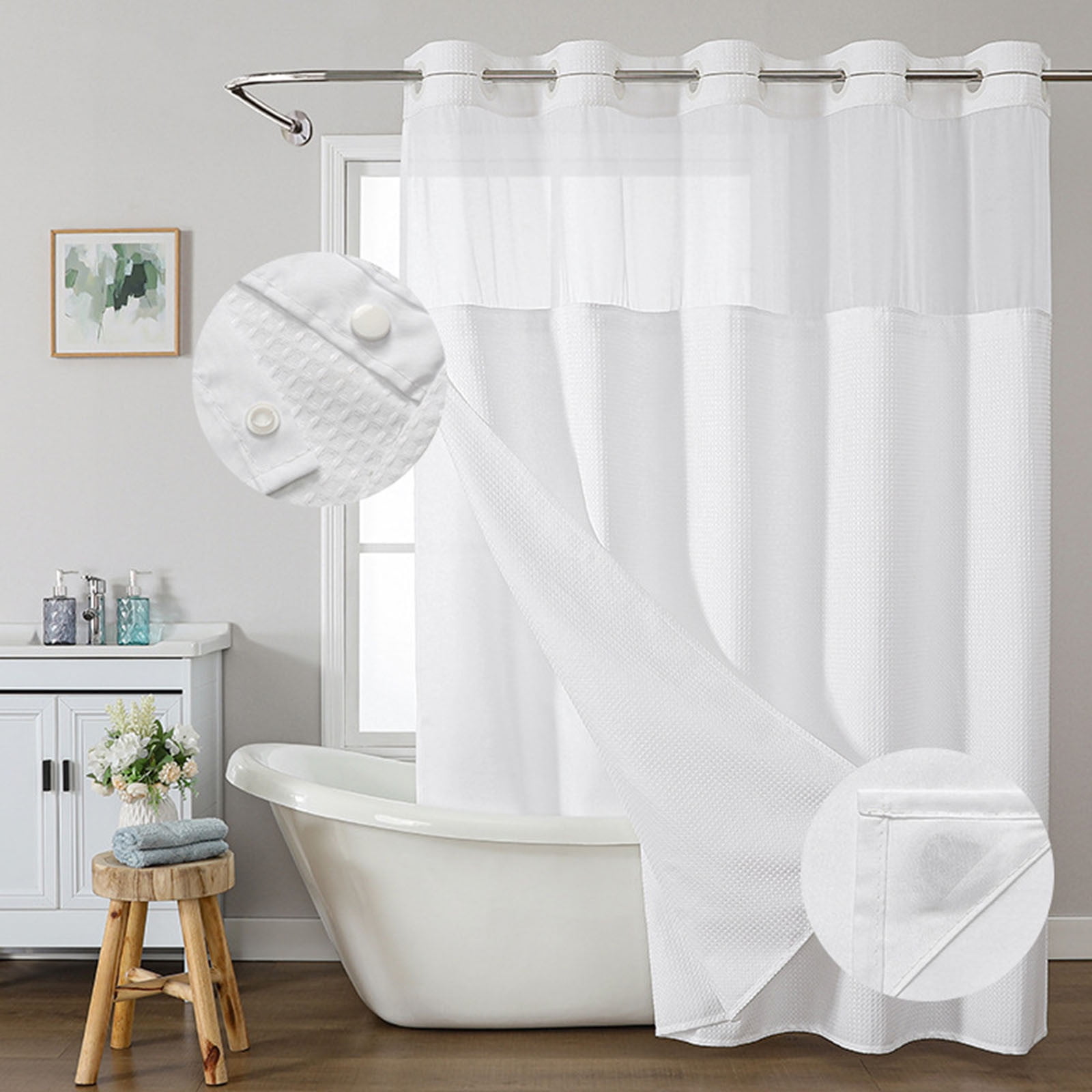 Waffle Weave Heavy Duty Shower Curtains, No Hook Shower Curtain with Snap in Fabric Liner, Hotel Style Waterproof Bathroom Curtain Set, 72 x 63 Inch