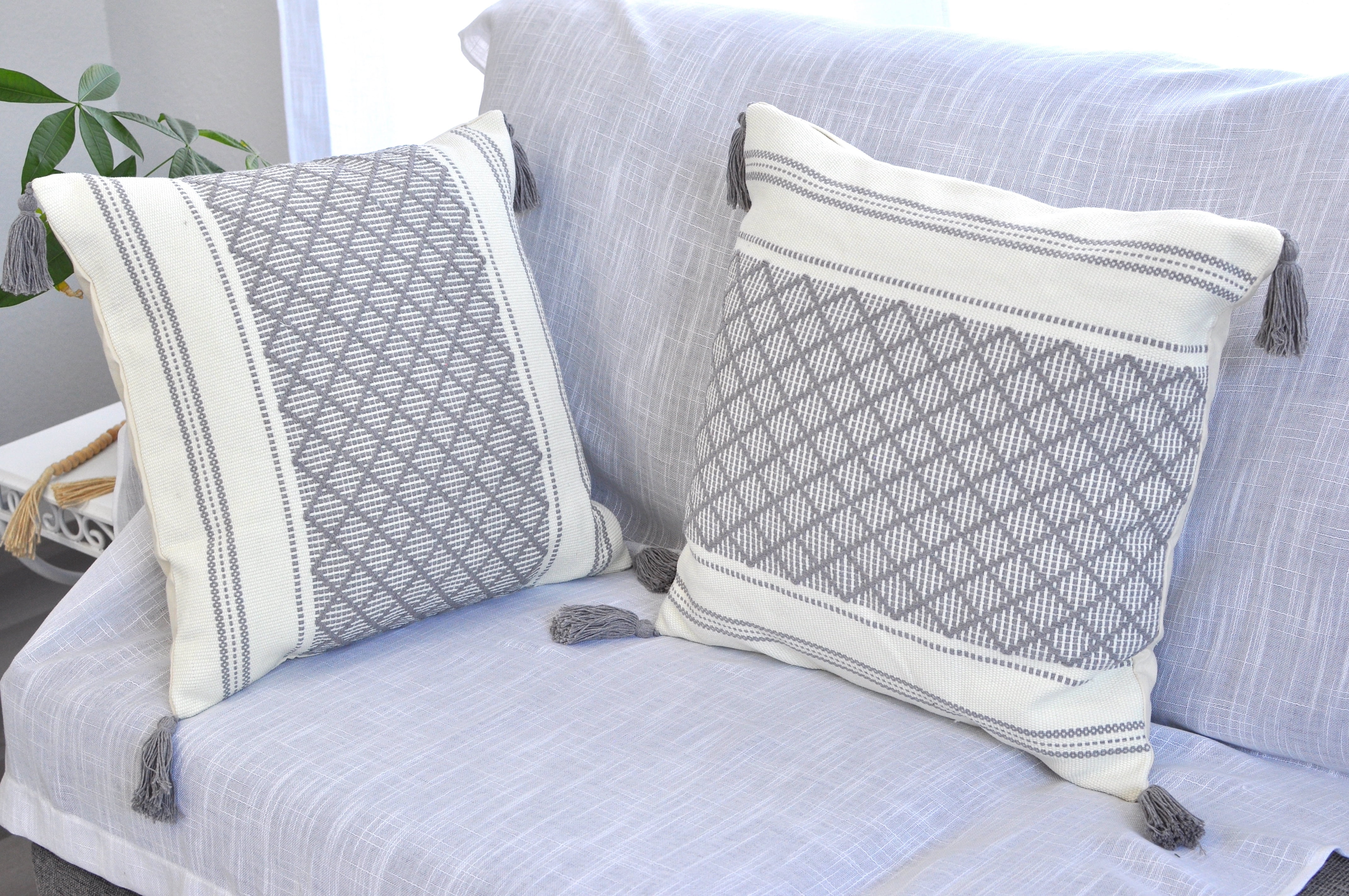 Decorative Boho Tassels Throw Pillow Covers Grey, 20x20 inch -Set of 2)/ Designer Plaid Woven Cushion Covers for Couch/ Farmhouse Gray Accent Square Pillow Cases