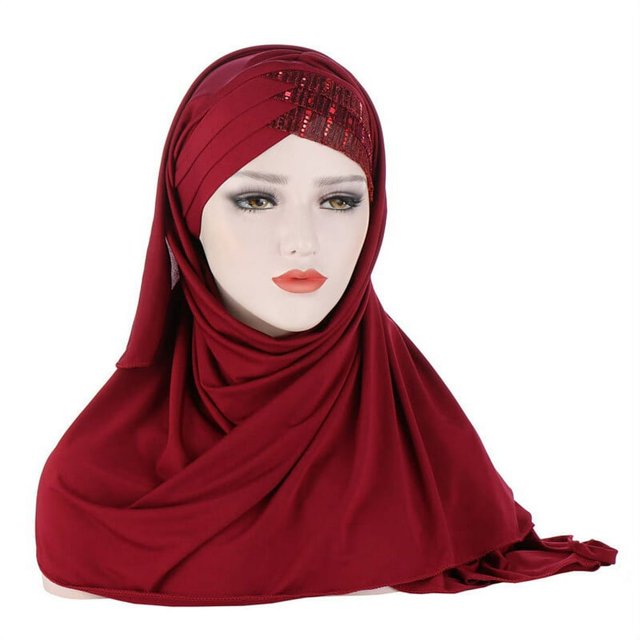 Forehead Cross Wrap Scarf Cap Solid Color Sequins Hijabs Muslim Women Turban Cap