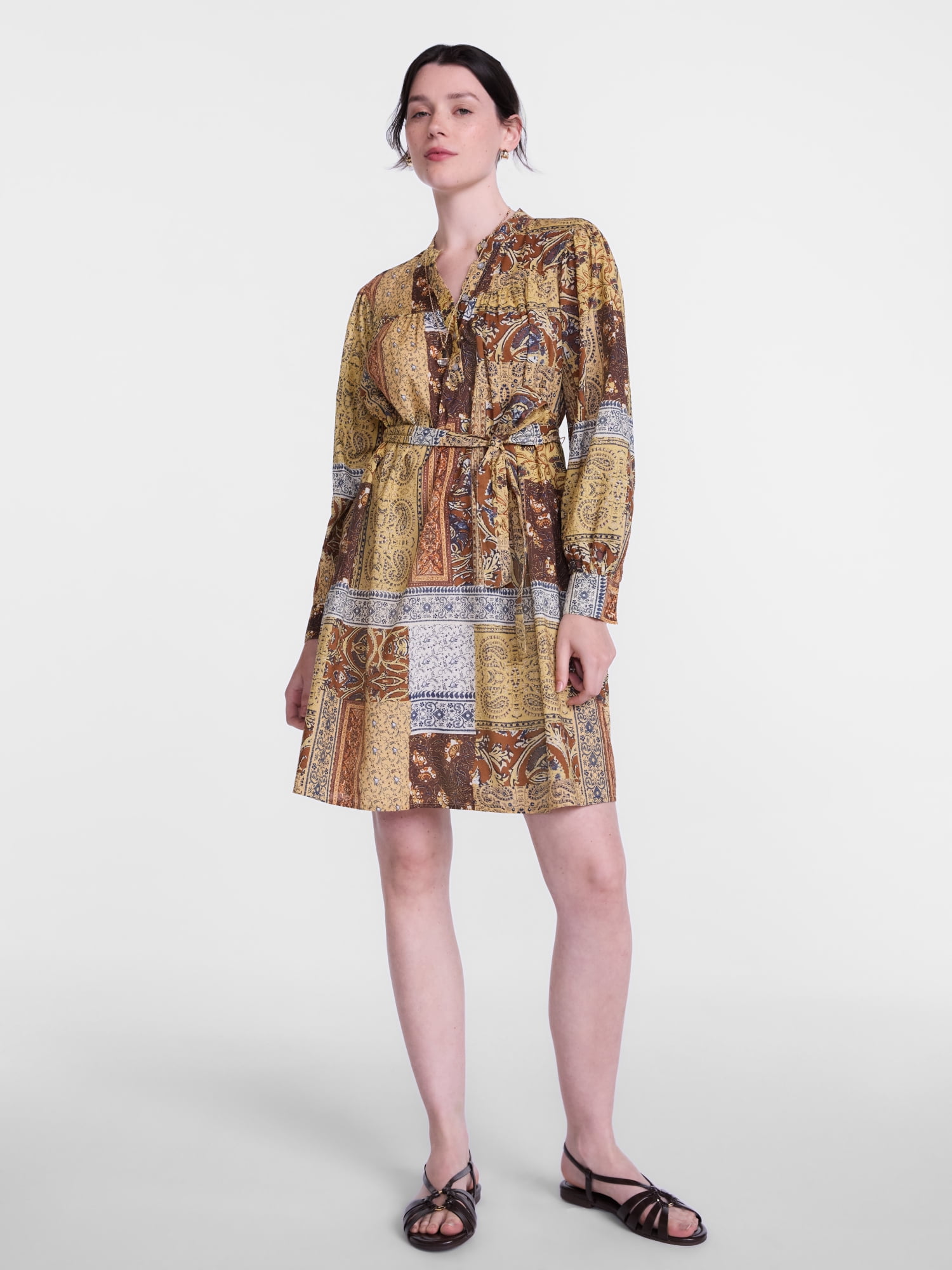 Scenario Women's Band Collar Shirtdress with Long Sleeves, Sizes XS-XXXL