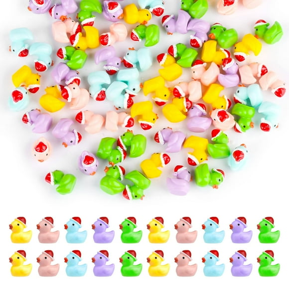 80pcs Mini Resin Ducks - Tiny Miniature Ducks with Xmas Hat - CraftHome Prank Game Dollhouse School Party Decoration - 5 Colors