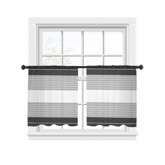 Black Grey Stripe Sheer Curtains 54 Inch Length 2 Panels Set, Semi Transparent Voile Rod Pocket Curtains for Living Dining Room Bedroom Drapes Modern Art Horizontal Striped