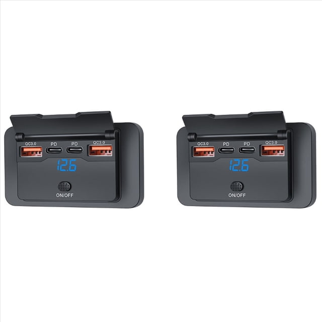 2X Cargador USB Dual PD + Dual QC3.0 de 4 Puertos de 12 V y 108 W con Voltímetro Digital, de Corriente, Adaptador de Panel
