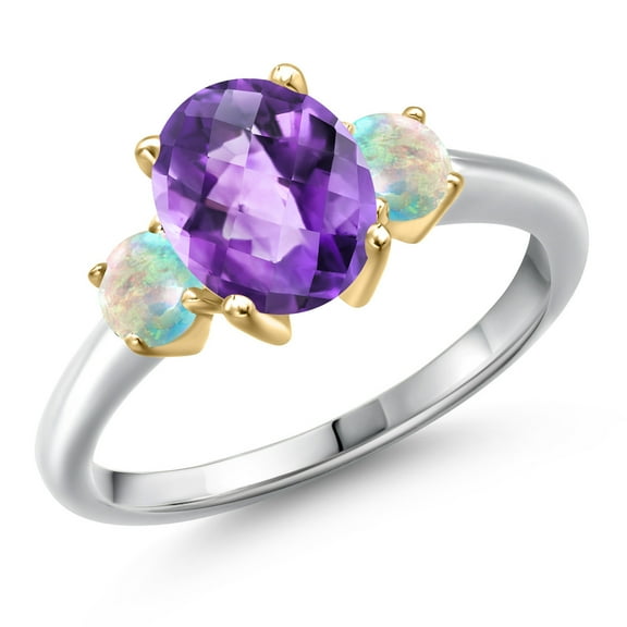 Gem Stone King 10K Two Tone Gold Purple Amethyst and Simulated White Opal Engagement Ring for Women | 2.10 Cttw | Oval 9X7MM | Gemstone February Birthstone | Size 5