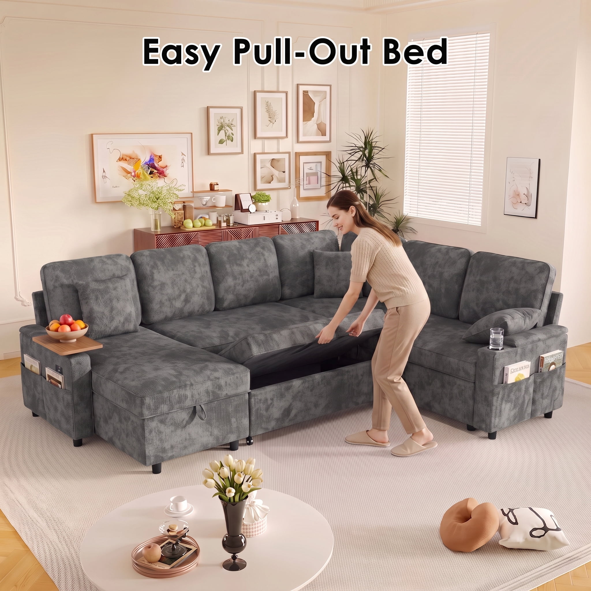 Xiweot 108" Modular Sectional Sleeper Sofa with Pull Out Couch, L Shaped Sofa Bed with Storage Chaise, Adjustable Backrest, USB Ports & Small Table, 7 Seaters Chenille Sofa for Living Room (Gray)