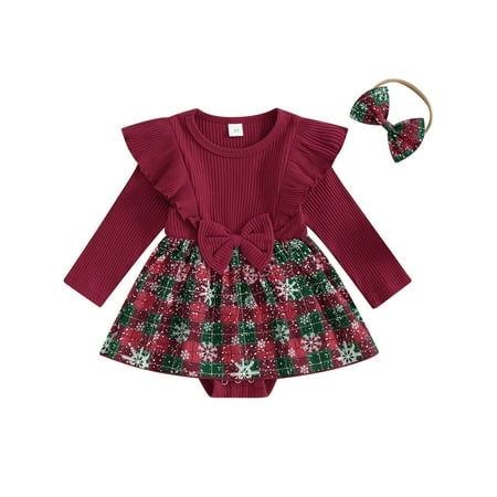 

Wallarenear Baby Girl Christmas Plaid Romper Dress Ruffle Knit Bowknot Skirt Hem Bodysuit