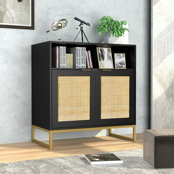 Eumyviv Black 31.9"H Kitchen Sideboards and Buffet Server, Wood Credenzas Storage Cupboard Cabinet with 2 Rattan Doors for Dining Room,H0068