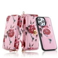 thumbnail image 1 of for iPhone 12 Pro Wallet Case - Magnetic Detachable Back Case with RFID Blocking Card Holder, Hand Strap & Crossbody Strap, Floral Flower PU Leather Flip Cover Case for Women Girls, Pink, 1 of 13
