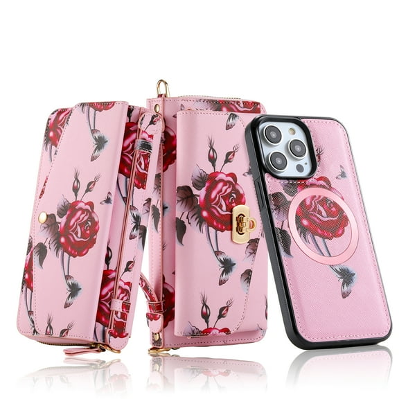 for iPhone 12 Pro Wallet Case - Magnetic Detachable Back Case with RFID Blocking Card Holder, Hand Strap & Crossbody Strap, Floral Flower PU Leather Flip Cover Case for Women Girls, Pink