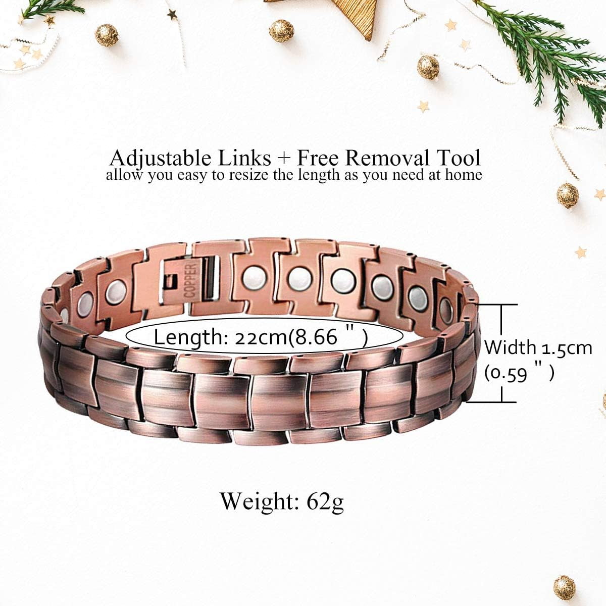 Wollet 3X Magnetic Steel Bracelets for Men+Pure Copper Magnetic Bracelet,8.66 inches
