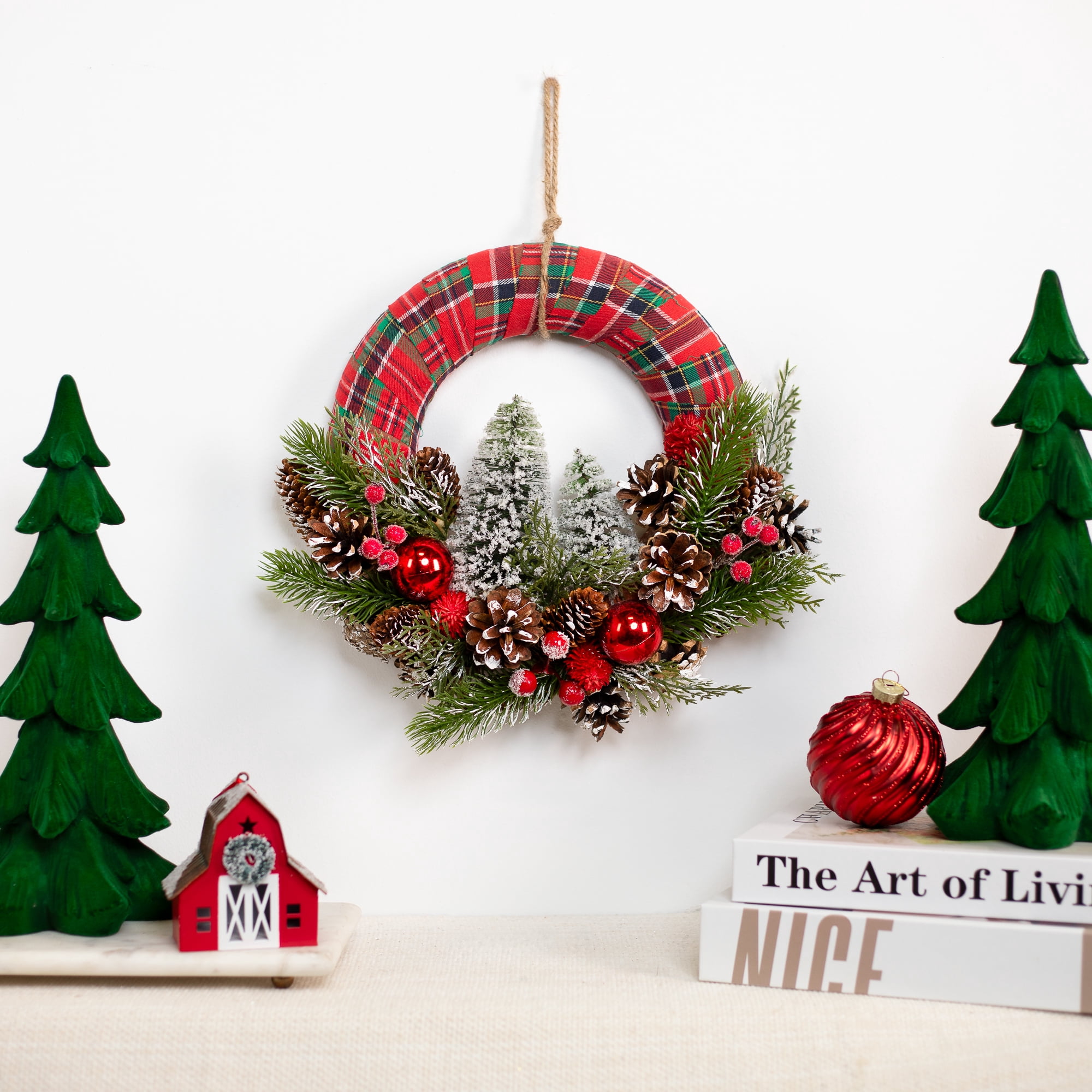 Frosted Trees and Pinecone Plaid Artificial Christmas Wreath - 13.5" - Unlit