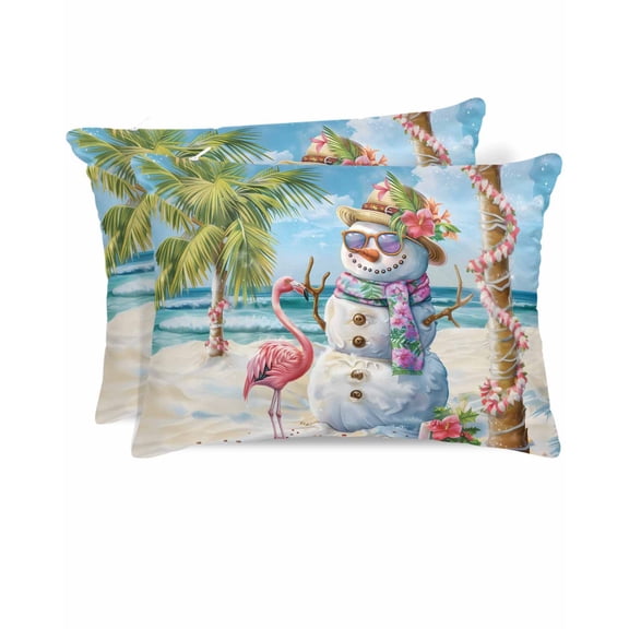 Hokiten Pillow Cases Standard Size Set of 2, Lumbar Pillow Covers, Coastal Snowman Christmas Satin Pillowcases with Zipper for Hair/Skin, Xmas Tree Flamingo Beach 20x26 Inches