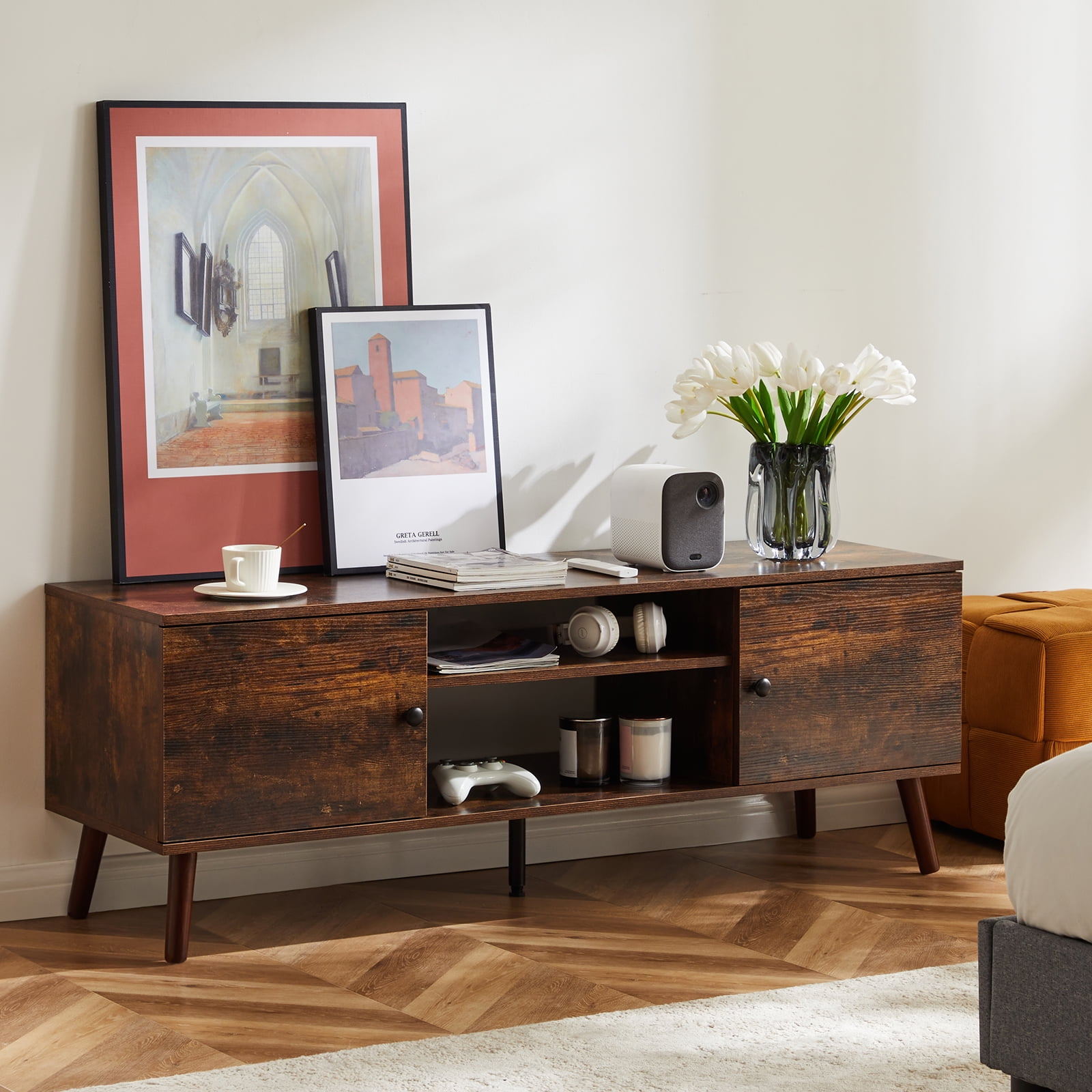 GIANNA TV Stand for TVs up to 60", Modern Mid Century Entertainment Center with Storage, 2 Cabinet Media Console Table, Brown