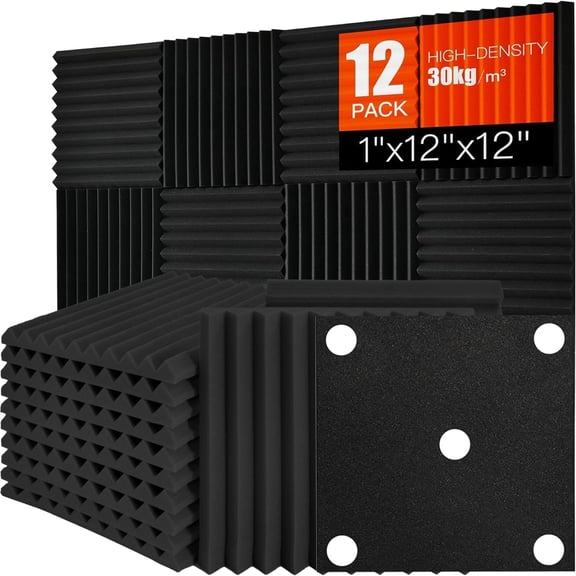 AOMRCOL Acoustic Foam Panels Sound Absorbing 12 Pack - 1" X 12" X 12" Sound Proof Panels Reducing for Walls, High Density Sound Deadening Panels Black Wedge for Studio Recording & Office