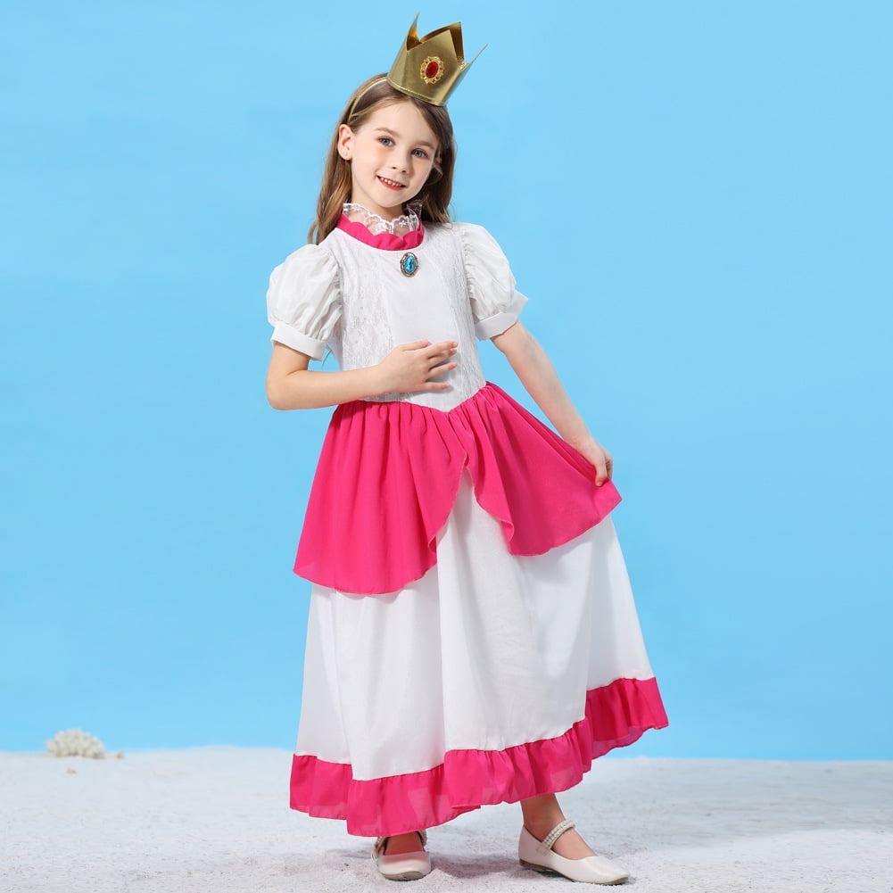 Tyidalin Peach Princesse Déguisement Robe pour Enfant Filles Super Costume Rose Mario avec Accessoires pour Halloween Carnaval Anniversaire