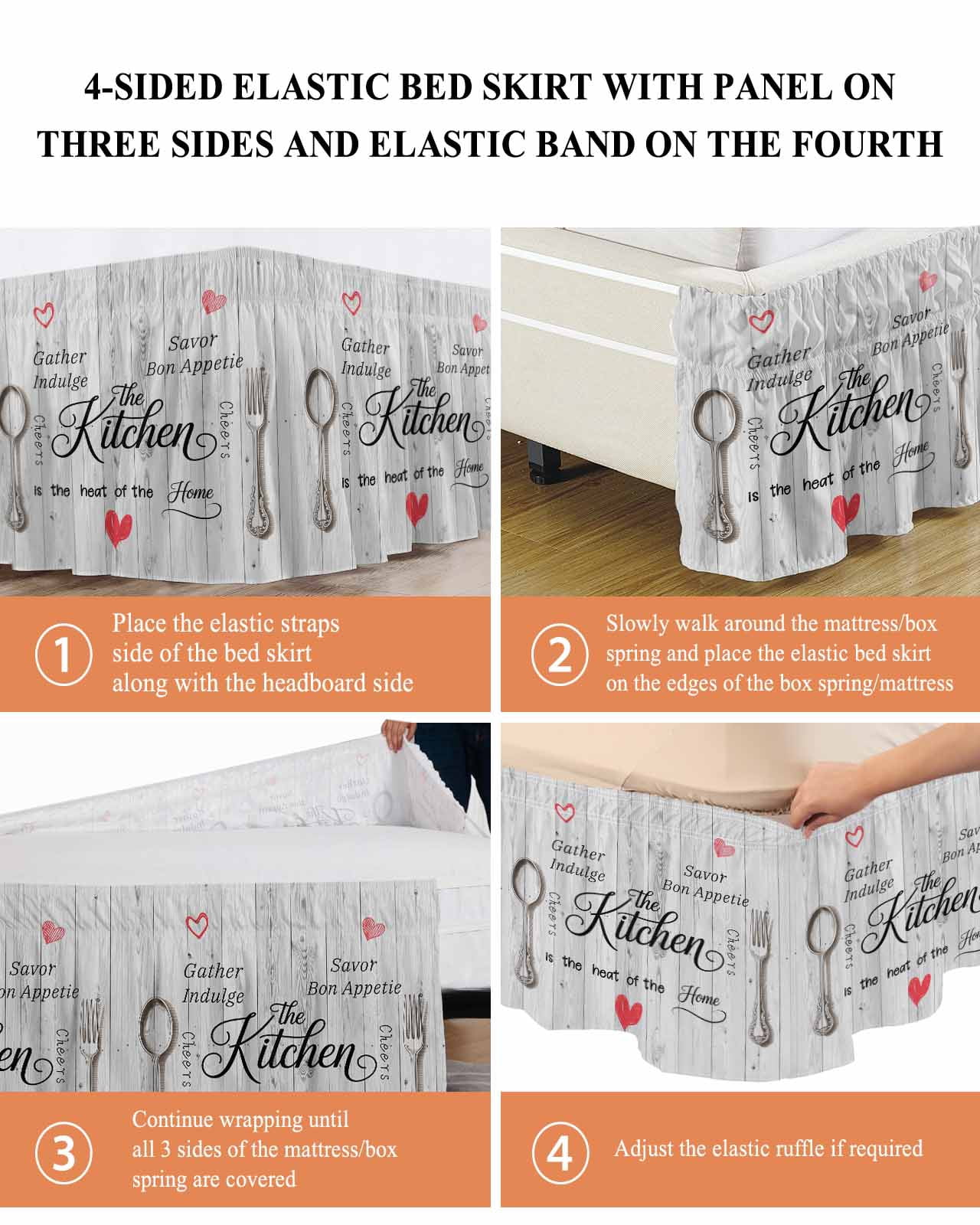 Grey Retro Art Wrap Around Bed Skirts for Queen Bed 16" Drop,Bed Skirt with Adjustable Elastic Belt Dust Ruffle Bed Valance for Bedroom Hotel Spoon Fork Vintage Farmhouse Wooden Bed Frame Cover