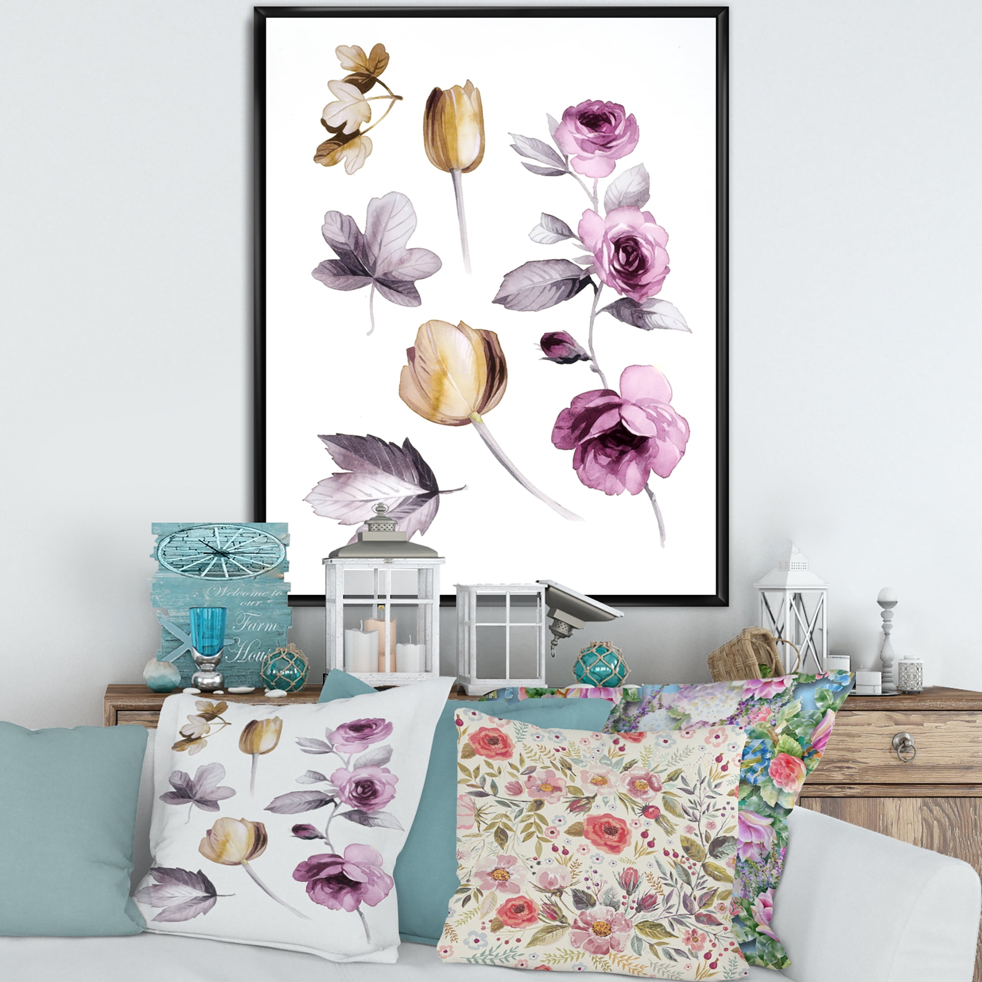 Designart 'Orange and Pink Wildflowers' Traditional Framed Canvas Wall Art Print
