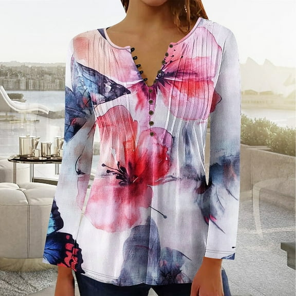 YOTAMI Women's Shirts Fall Long Sleeve Plus Size Tops for Home Printed Button V-Neck Ruffled Trendy Casual Clothes Multicolor L