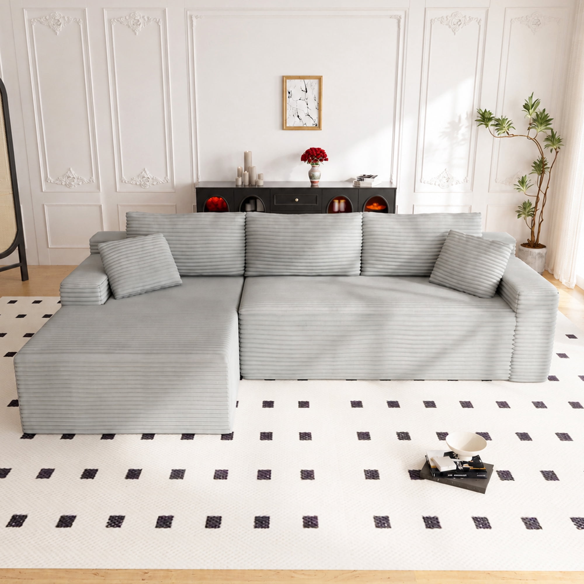 Lunale 105" Modular L-Shaped Sectional Sofa, Boneless Cloud Couch, No Assembly Required, Modern Deep Seat Corduroy Sofa for Living Room, Light Grey (Left Facing Chaise)