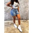 thumbnail image 4 of Women's Distressed Denim Shorts Curve Hugging Frayed Hem Summer Jeans, 4 of 8