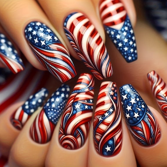 Independence Day Press On Nails American Flag False Nails 24Pcs Medium Square Glossy Stick on Nails with Star Stripes Glitter Design Easy Apply Reusable Glue on Nails for Holiday Celebrations