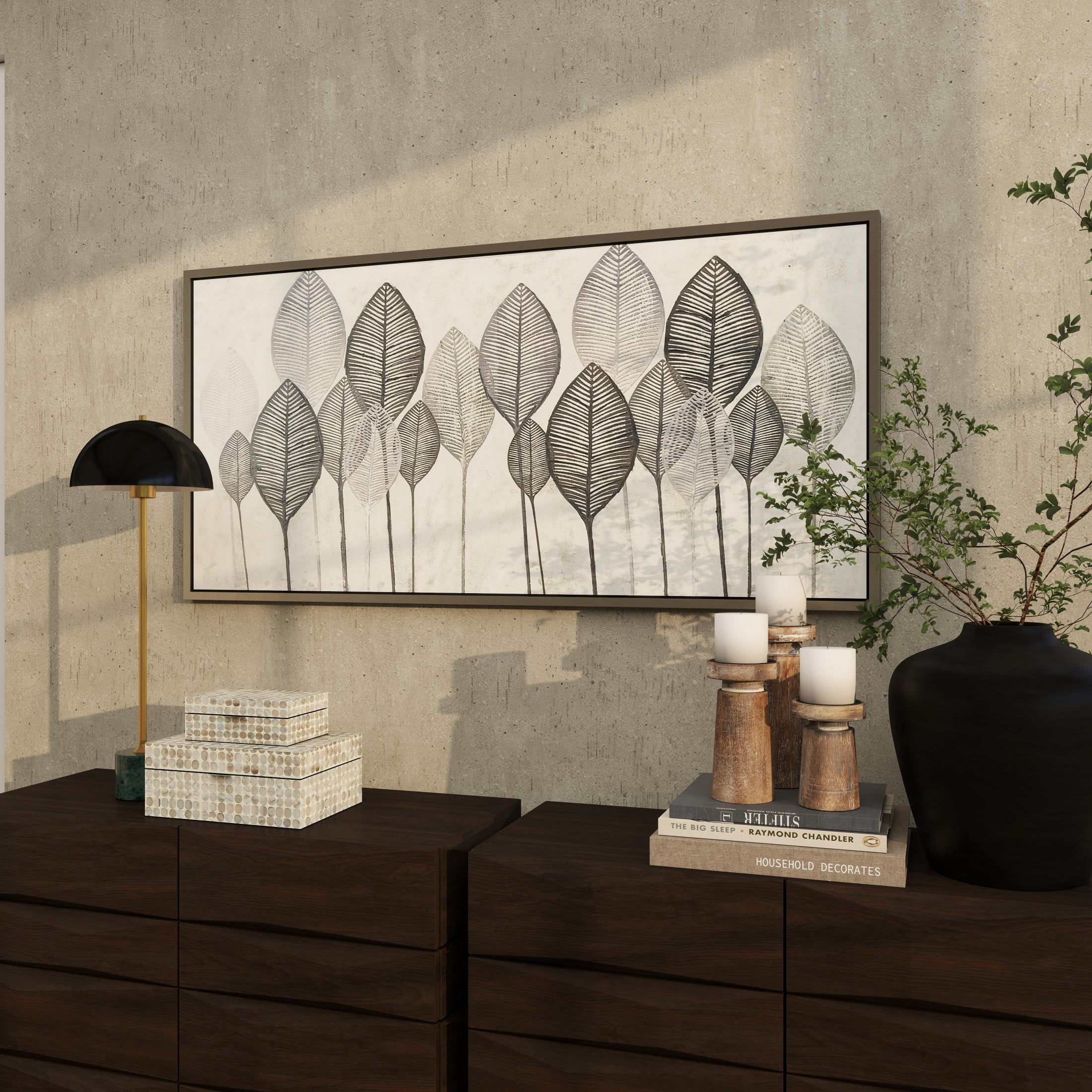 55" x 27" Leaf Framed Wall Art with Silver Frame, by DecMode