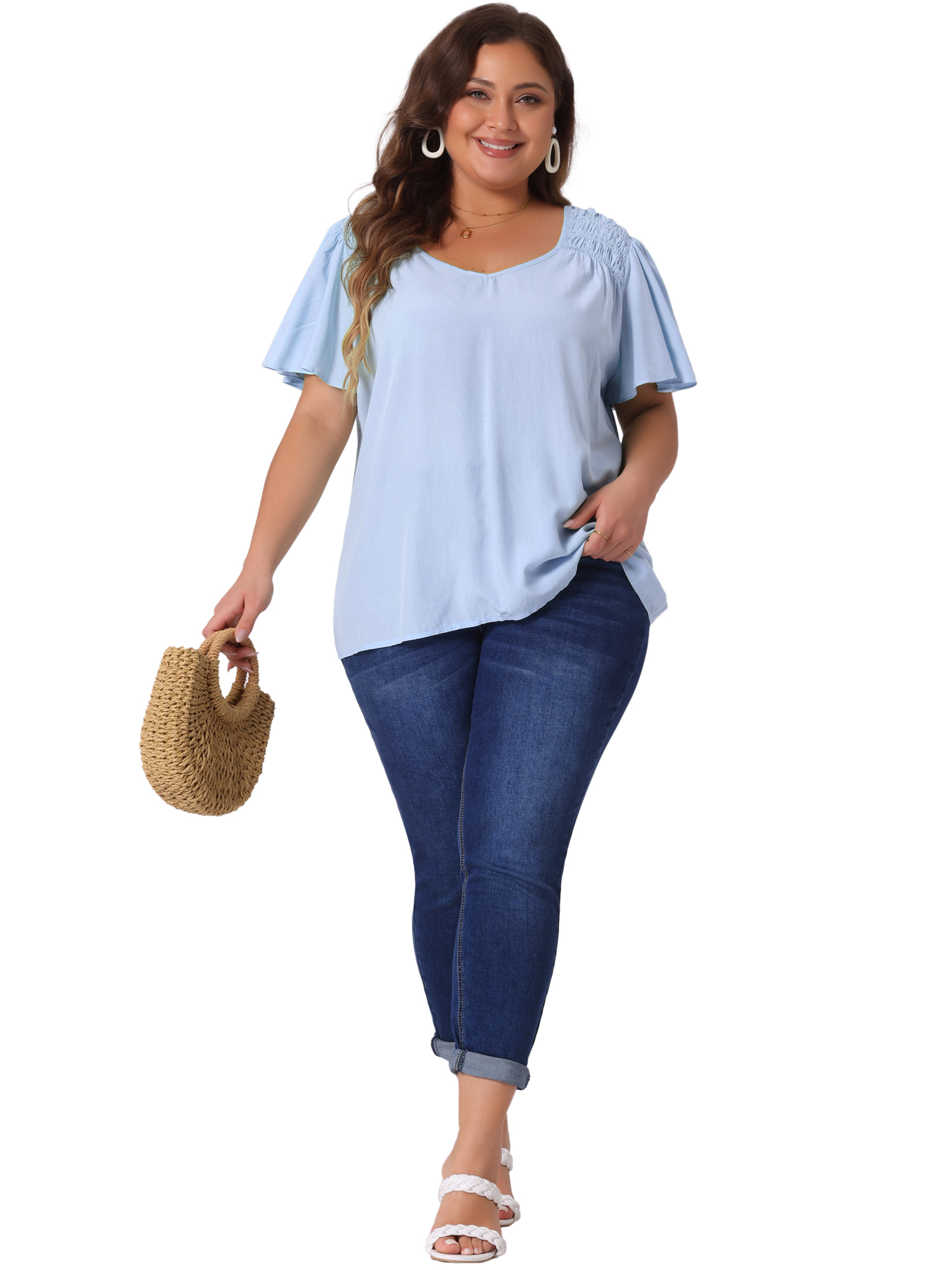 DARING DIVA Women's Plus V Neck Ruffle Sleeve Smocked Shoulder Blouse 3X Blue