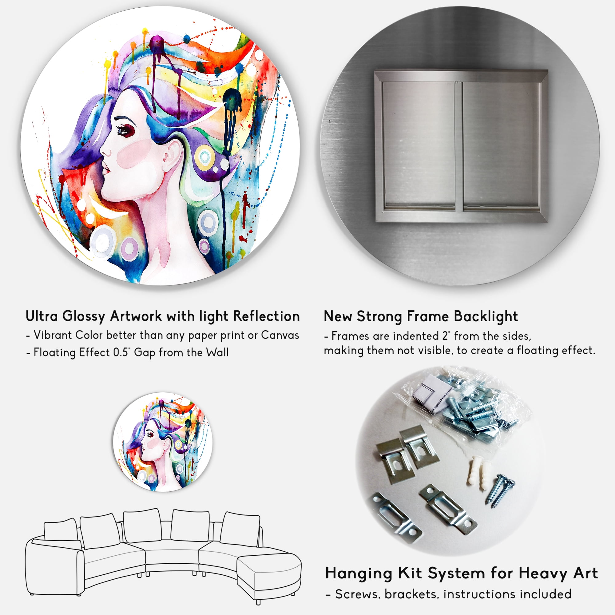 Designart 'Beautiful Young Woman With Colorful Hair' Traditional Circle Metal Wall Art 36x36 - Disc of 36