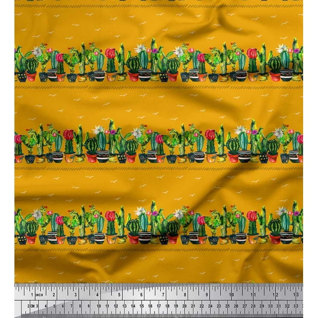 Soimoi Gold polyester Crepe Fabric Cactus With Conical Pot Tree Fabric Prints By Yard 52 Inch Wide