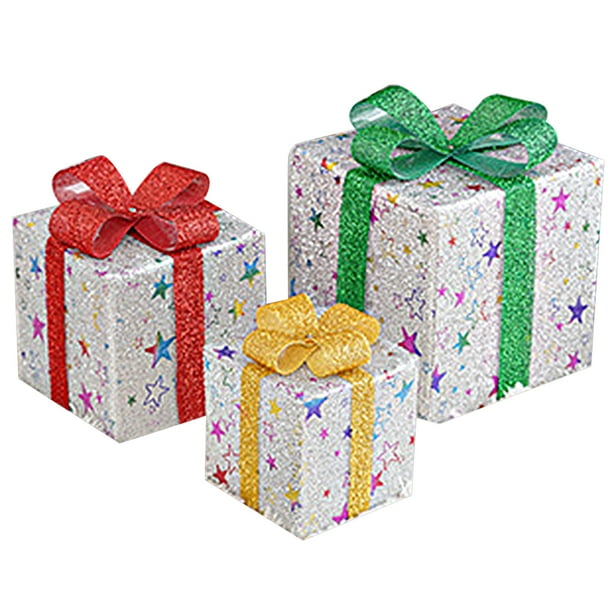 2uds. Cajas de regalo de Navidad con luces, 50LED, caja de regalo de arte LED de Navidad (estrella plateada), 3 uds.