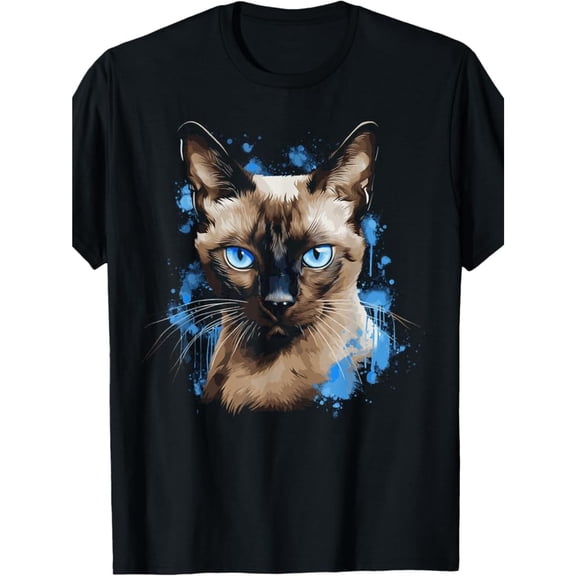 Mens Artistic Siamese Cat With Striking Blue Eyes And Vibrant Blue Splashes Graphic Tees Print T - shirts Short Sleeve Stylish Casual Tops Shirts