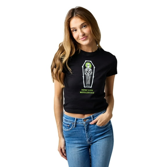 Beetlejuice Here Lies Betelgeuse Women's Black Crew Neck Short Sleeve 18" Baby Tee-Medium