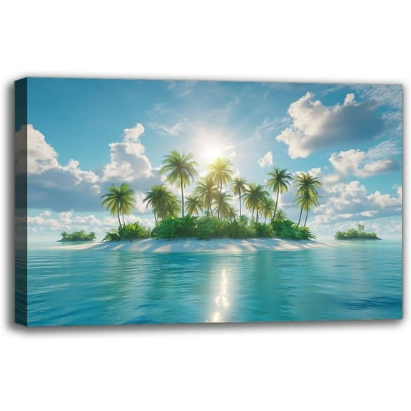 Serene Tropical Island & Pier Scene Canvas Wall Art Prints - Vibrant Framed Blue Seascape and Coconut Trees Painting Wall Decor for Living Room Bedroom Bathroom, Unique Art Gifts for Room Decoration