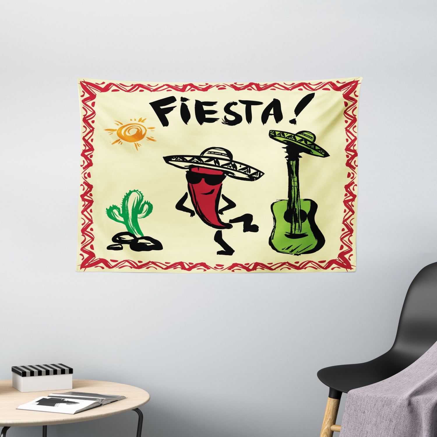 Fiesta Tapestry, Festive Mexican Party with Maracas Dancing Red Pepper Wearing a Sombrero and 