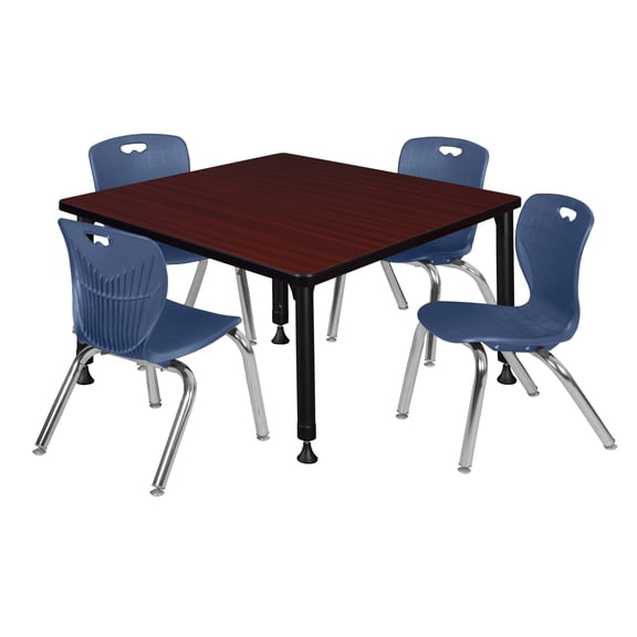 Regency 36 Square Adjustable Classroom Table- Mahogany & 4 Andy 12 Stack Chairs- Blue