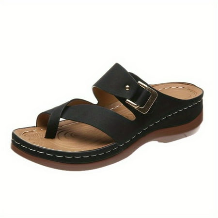 

Women‘s Toe Loop Wedge Slippers Solid Color Non Slip Arch Support Buckle Strap Slides Shoes Casual Open Toe Shoes