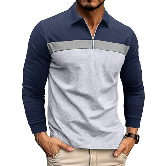 Bellella Hauts pour Hommes Polo à Col Rabattu Manches Longues Blouse Coupe Régulière T-Shirt Colorblock Hommes T-Shirts Blanc S